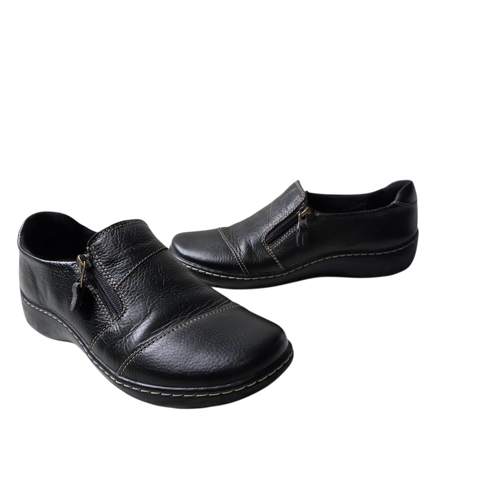 Clarks Women Black Leather Side Zip Loafers Size 9 Comfort Wedge Professional